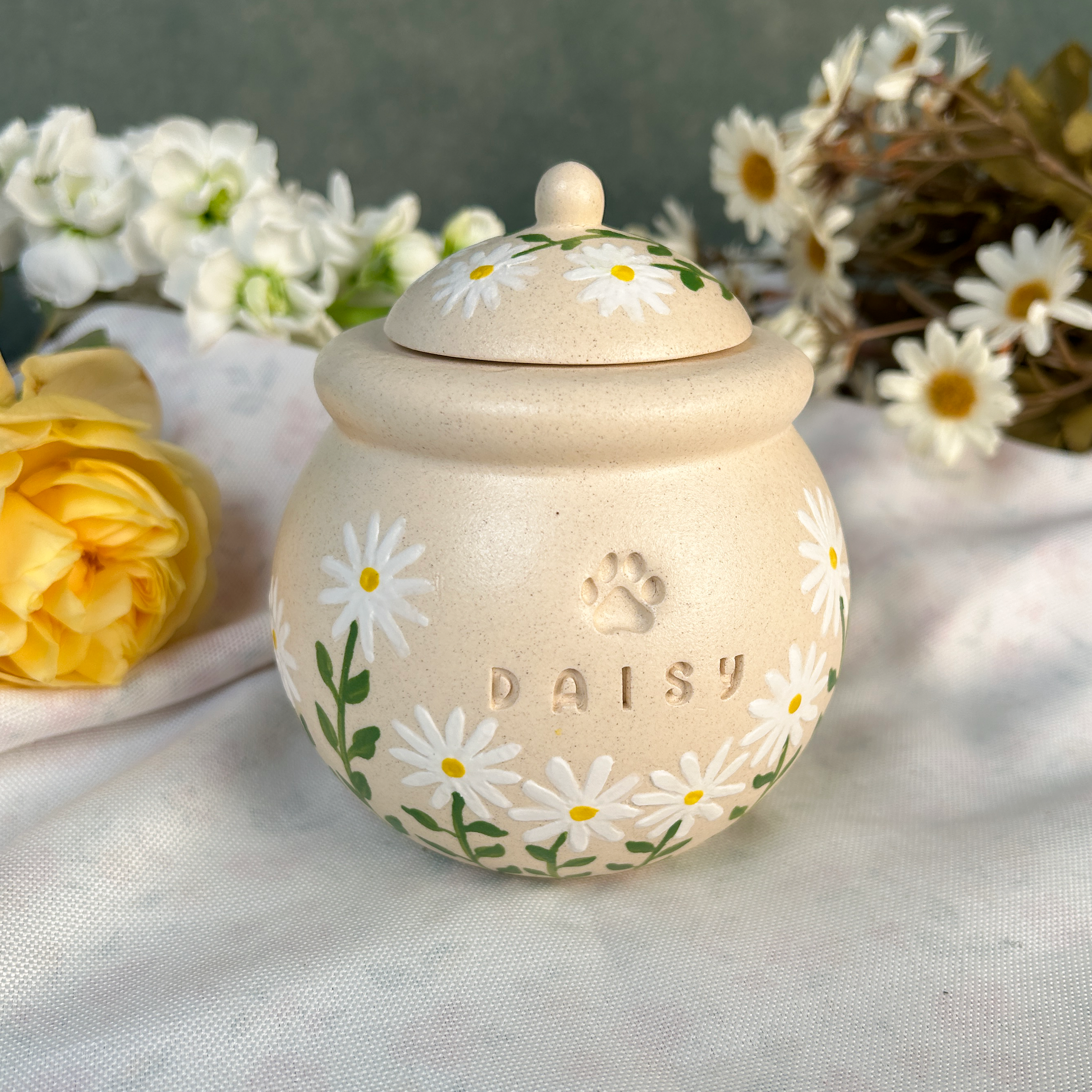 Custom Handmade Ceramic Pet Pottery Urn, Personalized Daisy Dog Urn, Cat Urn