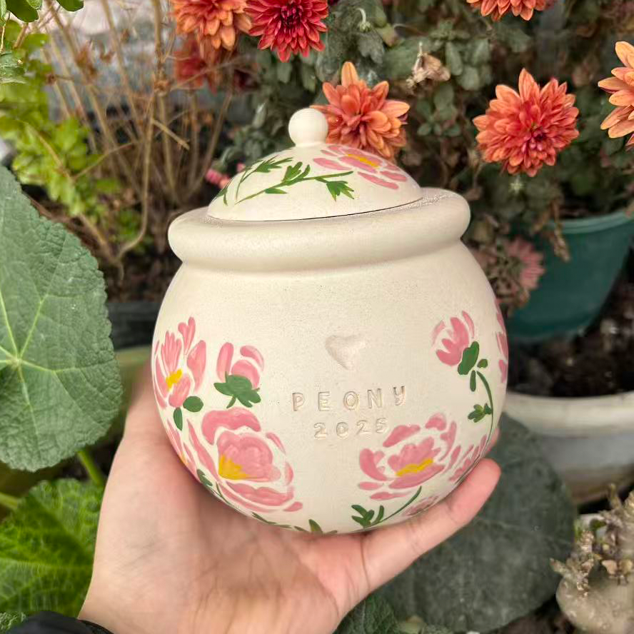 Custom Handmade Ceramic Pet Pottery Urn, Personalized November Peony Floral Dog Urn,Cat Urn