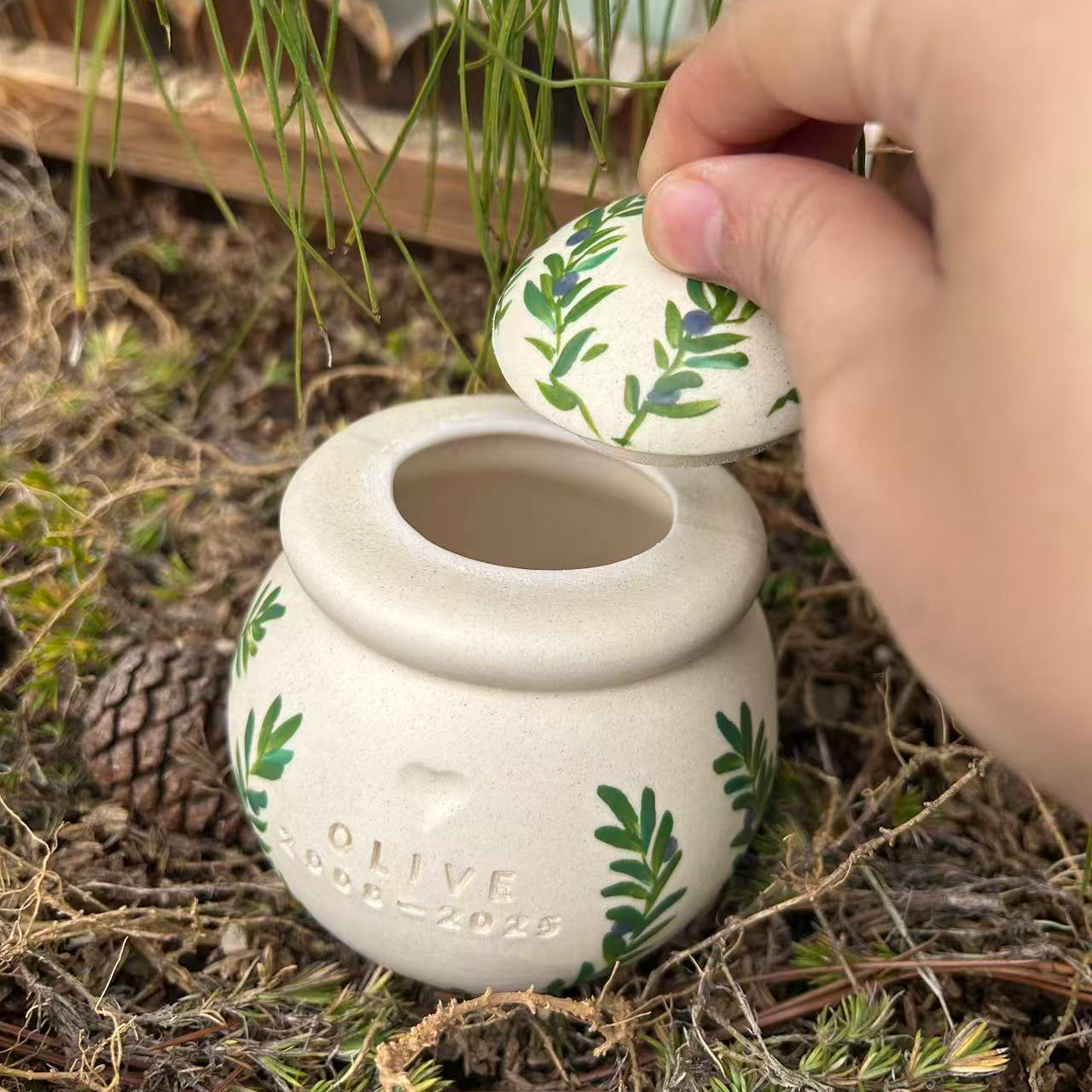 Custom Handmade Ceramic Pet Pottery Urn, Personalized Olive branch Dog Urn,Cat Urn