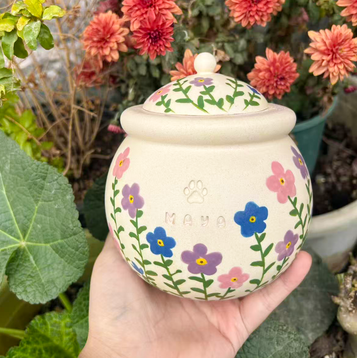 Custom Handmade Ceramic Pet Pottery Urn, Personalized  Forgot me not Dog Urn,Cat Urn