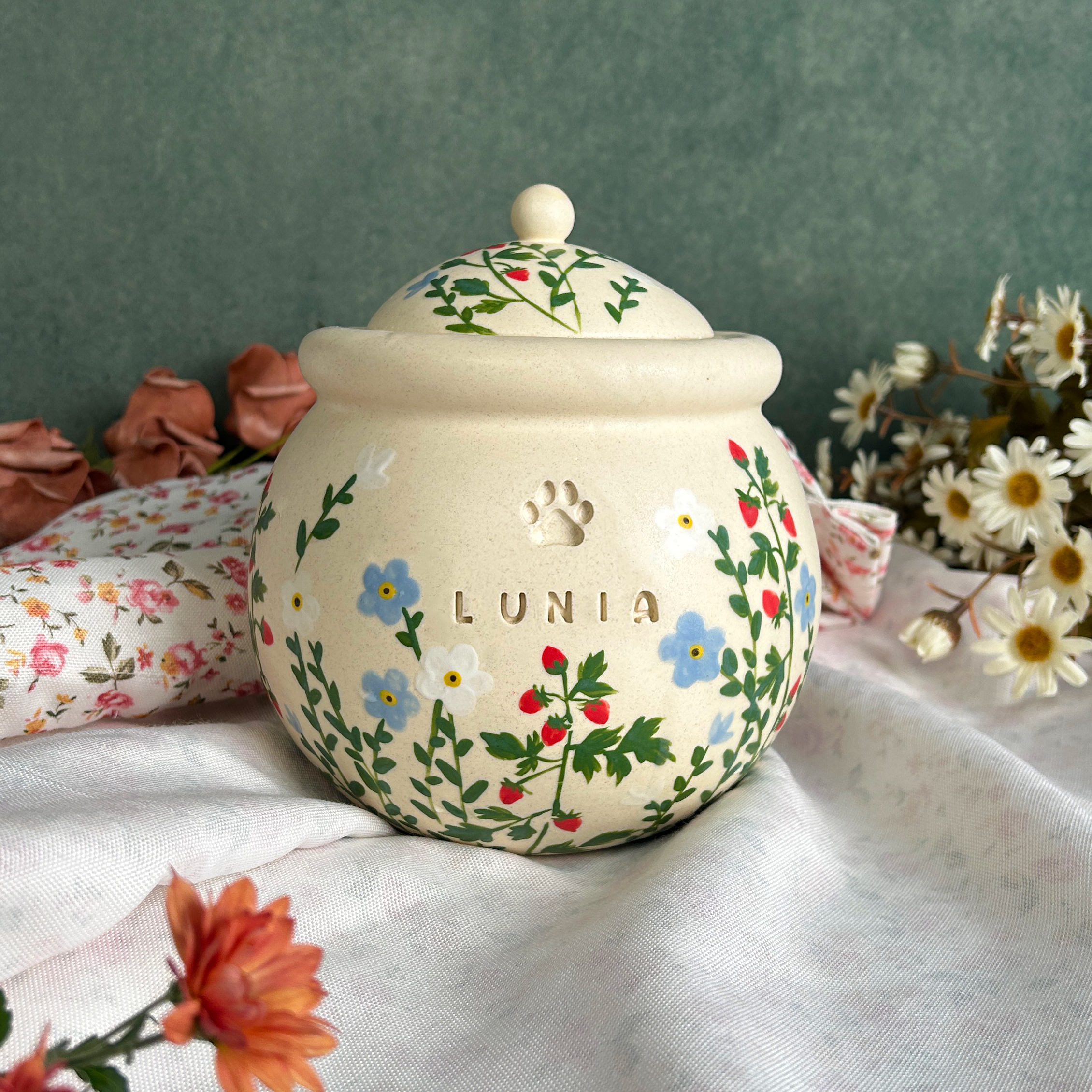 Custom Handmade Ceramic Pet Pottery Urn, Personalized Raspberries&Forget-Me-Not Dog Urn, Cat Urn