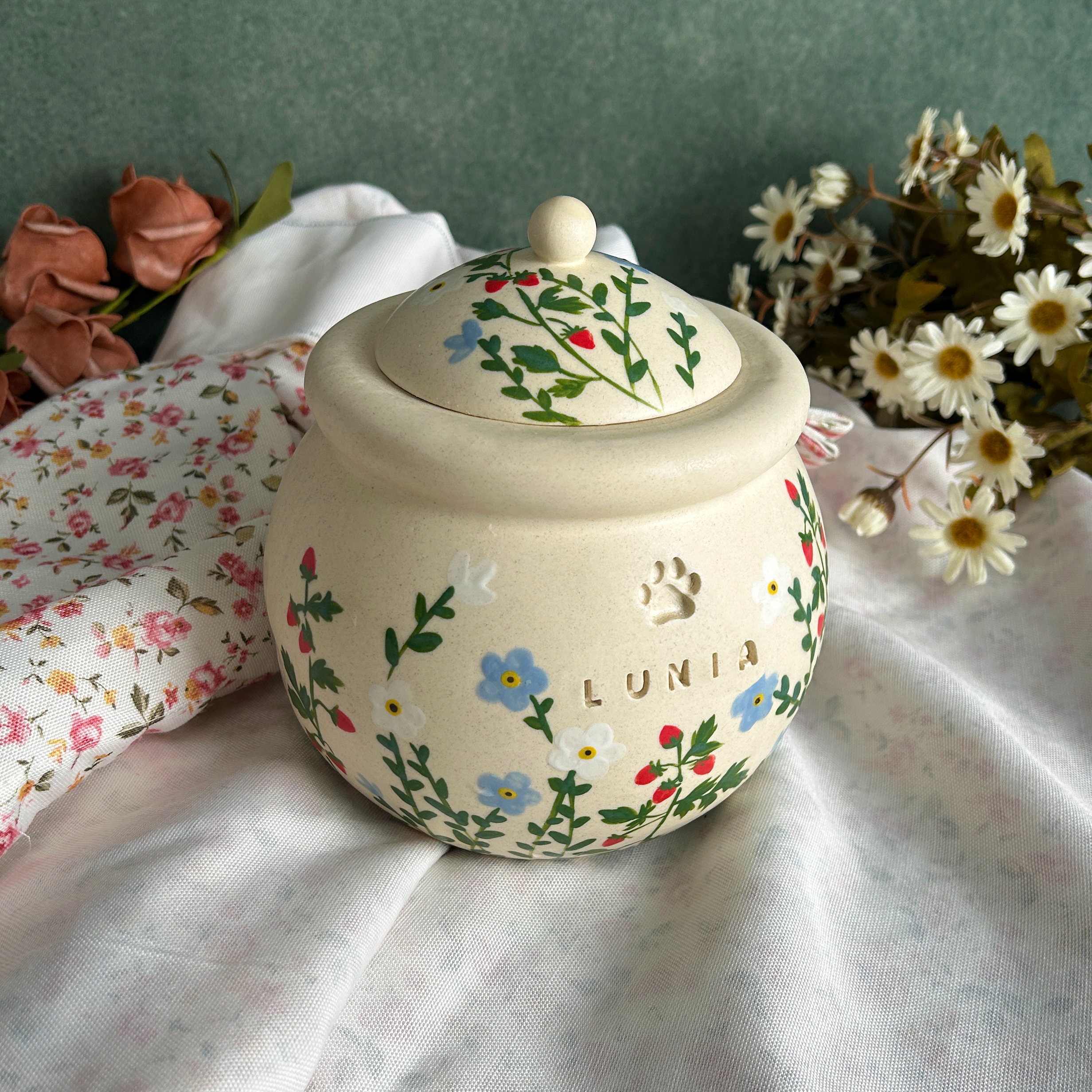 Custom Handmade Ceramic Pet Pottery Urn, Personalized Raspberries&Forget-Me-Not Dog Urn, Cat Urn