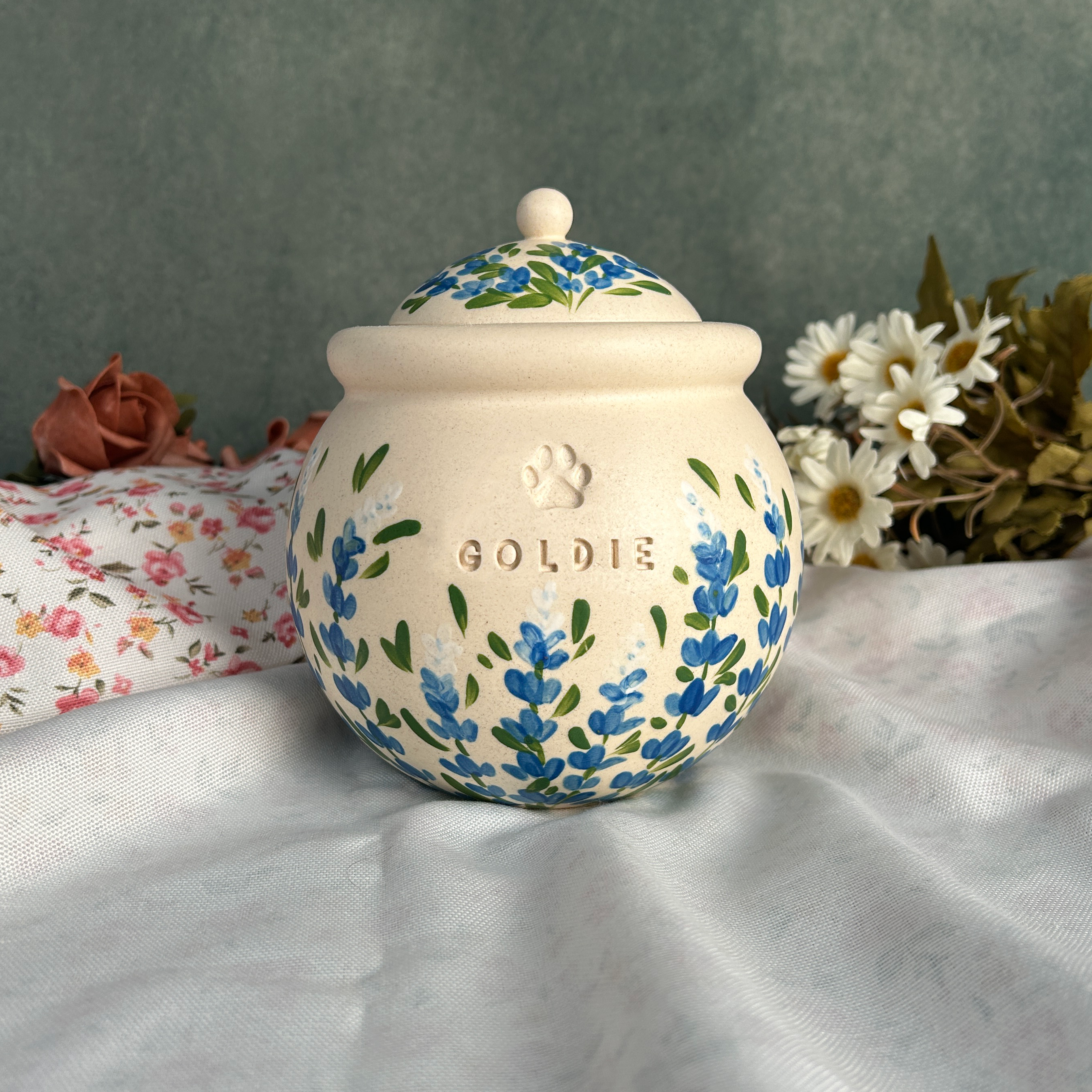 Custom Handmade Ceramic Pet Pottery Urn, Personalized Bluebonnets Dog Urn, Cat Urn