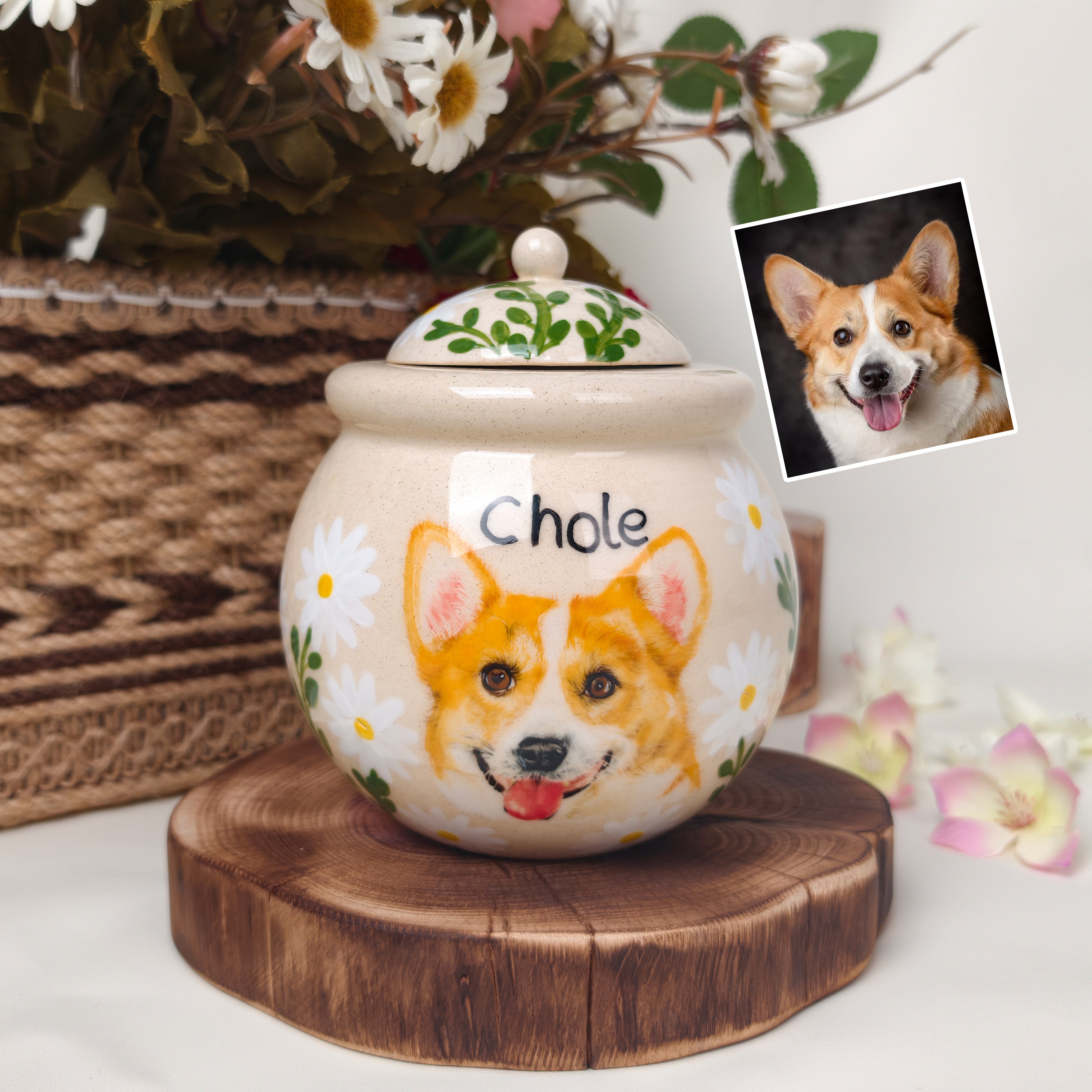 Custom Hand-Painted Pet Portrait Urn | Personalized Ceramic Keepsake with Underglaze Daisies for Cat