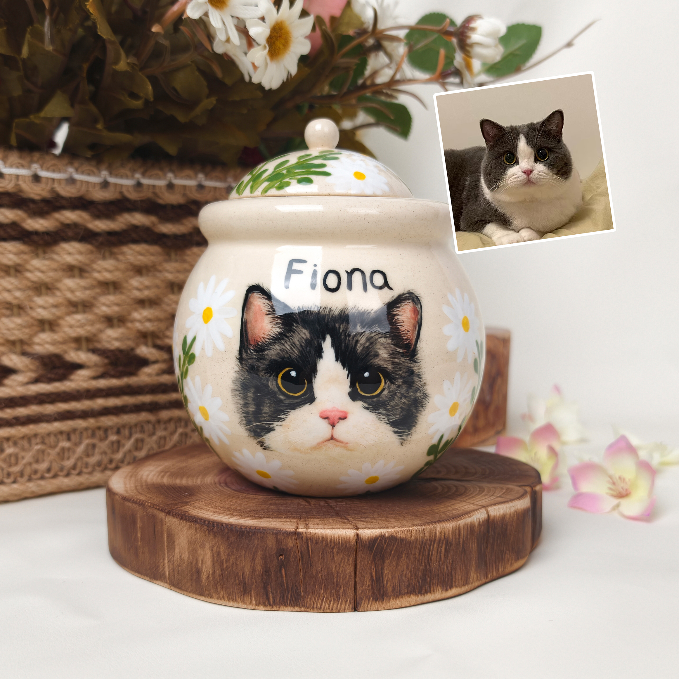 Custom Hand-Painted Pet Portrait Urn | Personalized Ceramic Keepsake with Underglaze Daisies for Cat